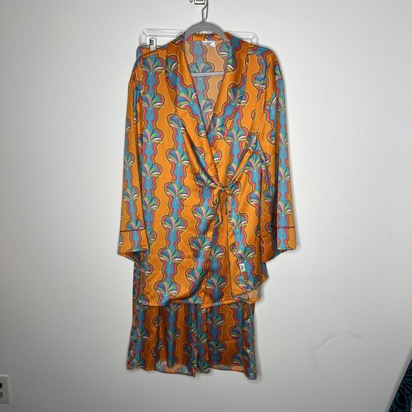 Chelsea Peers Pajama Set Womens Large 14 Orange Tropical Satin 2 Piece Wrap Top - Picture 5 of 16